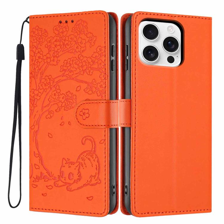 غطاء هاتف من الجلد النباتي بنقشة قطة الشجرة مع غطاء قابل للطي، لهواتف iPhone 17e / 16e، iPhone 17 Pro Max، iPhone 17 Pro، iPhone 17، iPhone Air، iPhone 16 Pro Max