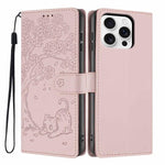 غطاء هاتف من الجلد النباتي بنقشة قطة الشجرة مع غطاء قابل للطي، لهواتف iPhone 16 Pro، iPhone 16 Plus، iPhone 16، iPhone 15 Pro Max، iPhone 15 Pro، iPhone 15 Plus