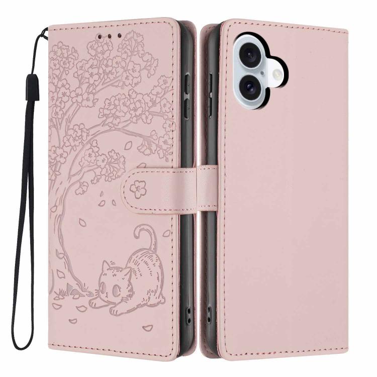 غطاء هاتف من الجلد النباتي بنقشة قطة الشجرة مع غطاء قابل للطي، لهواتف iPhone 16 Pro، iPhone 16 Plus، iPhone 16، iPhone 15 Pro Max، iPhone 15 Pro، iPhone 15 Plus