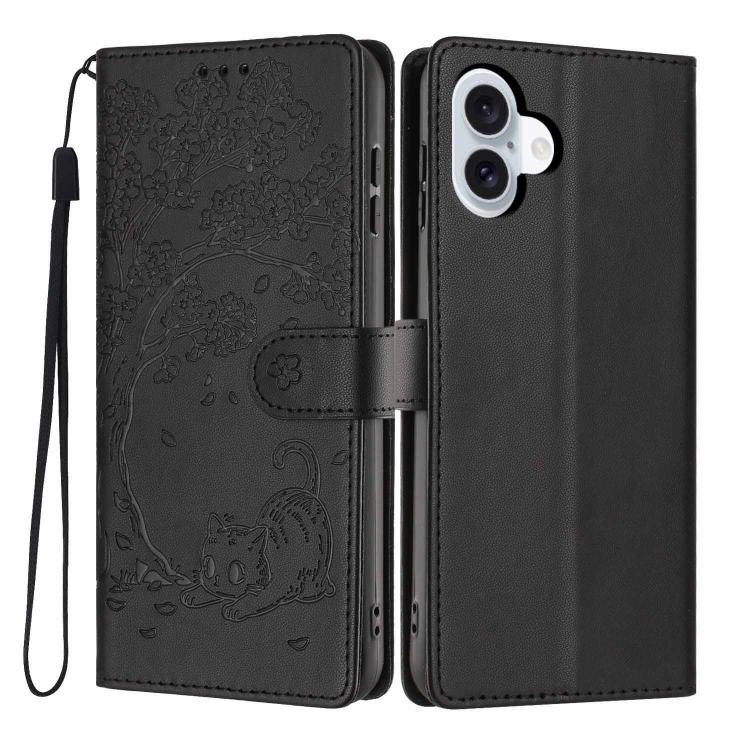 غطاء هاتف من الجلد النباتي بنقشة قطة الشجرة مع غطاء قابل للطي، لهواتف iPhone 16 Pro، iPhone 16 Plus، iPhone 16، iPhone 15 Pro Max، iPhone 15 Pro، iPhone 15 Plus