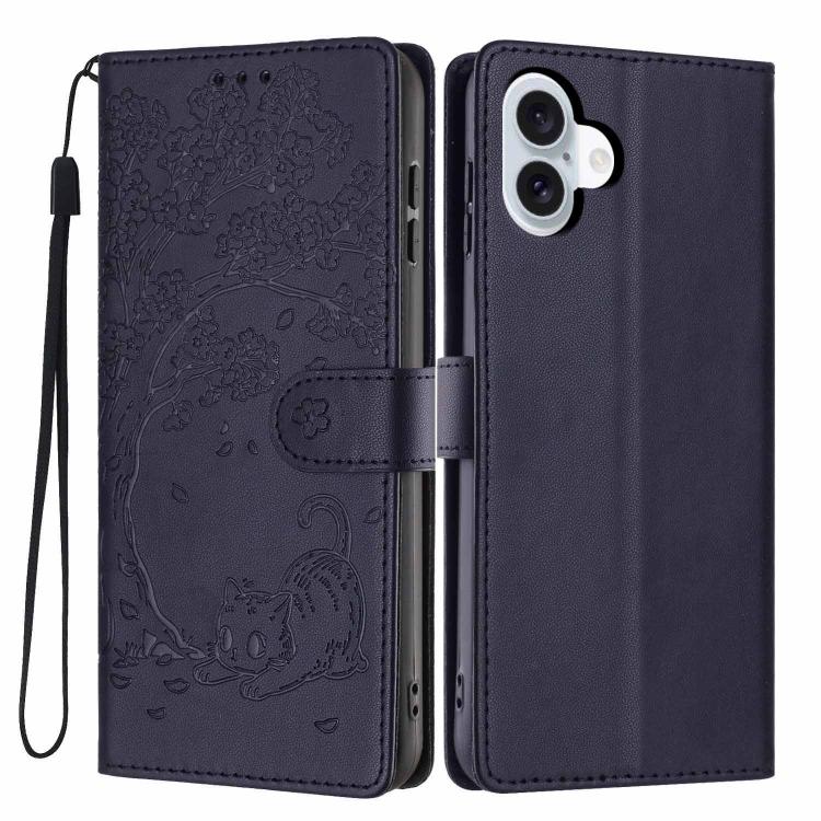 غطاء هاتف من الجلد النباتي بنقشة قطة الشجرة مع غطاء قابل للطي، لهواتف iPhone 16 Pro، iPhone 16 Plus، iPhone 16، iPhone 15 Pro Max، iPhone 15 Pro، iPhone 15 Plus