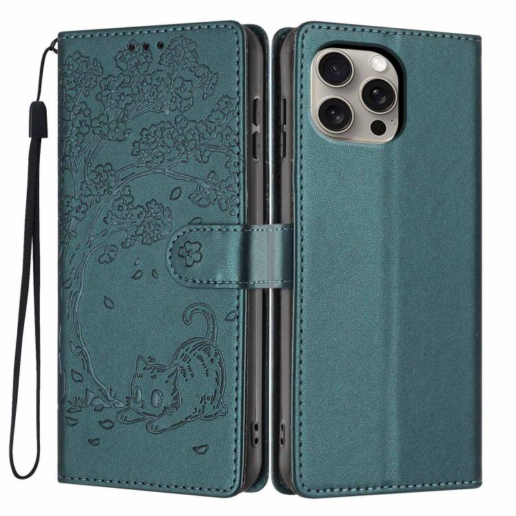 غطاء هاتف من الجلد النباتي بنقشة قطة الشجرة مع غطاء قابل للطي، لهواتف iPhone 16 Pro، iPhone 16 Plus، iPhone 16، iPhone 15 Pro Max، iPhone 15 Pro، iPhone 15 Plus