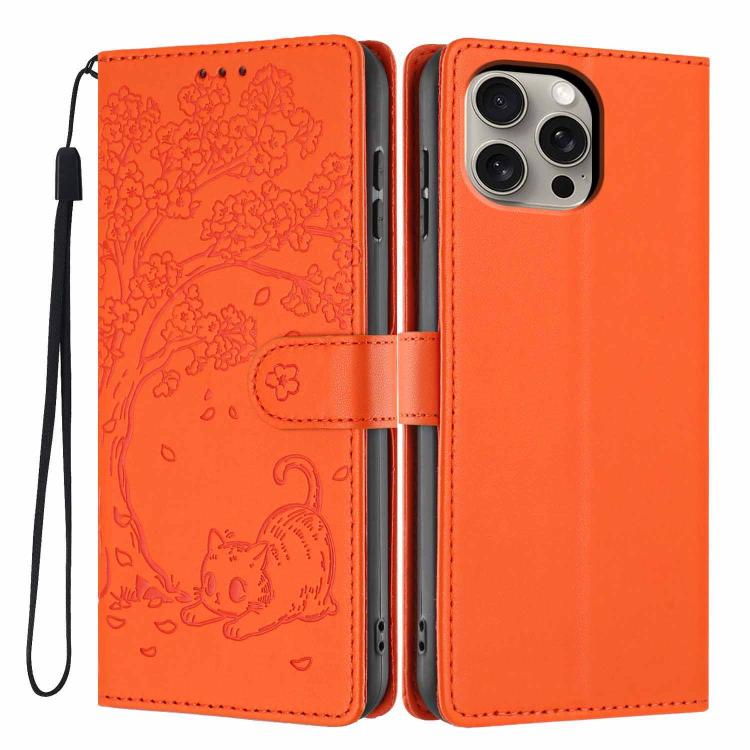 غطاء هاتف من الجلد النباتي بنقش قطة الشجرة وقلب قابل للطي، لهواتف iPhone 15، iPhone 14 Plus، iPhone 14، iPhone 14 Pro، iPhone 14 Pro Max، iPhone 13 Pro Max