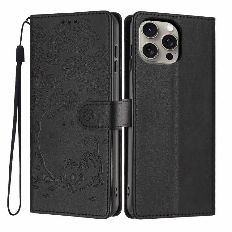غطاء هاتف من الجلد النباتي بنقشة قطة الشجرة مع غطاء قابل للطي، لهواتف iPhone 16 Pro، iPhone 16 Plus، iPhone 16، iPhone 15 Pro Max، iPhone 15 Pro، iPhone 15 Plus