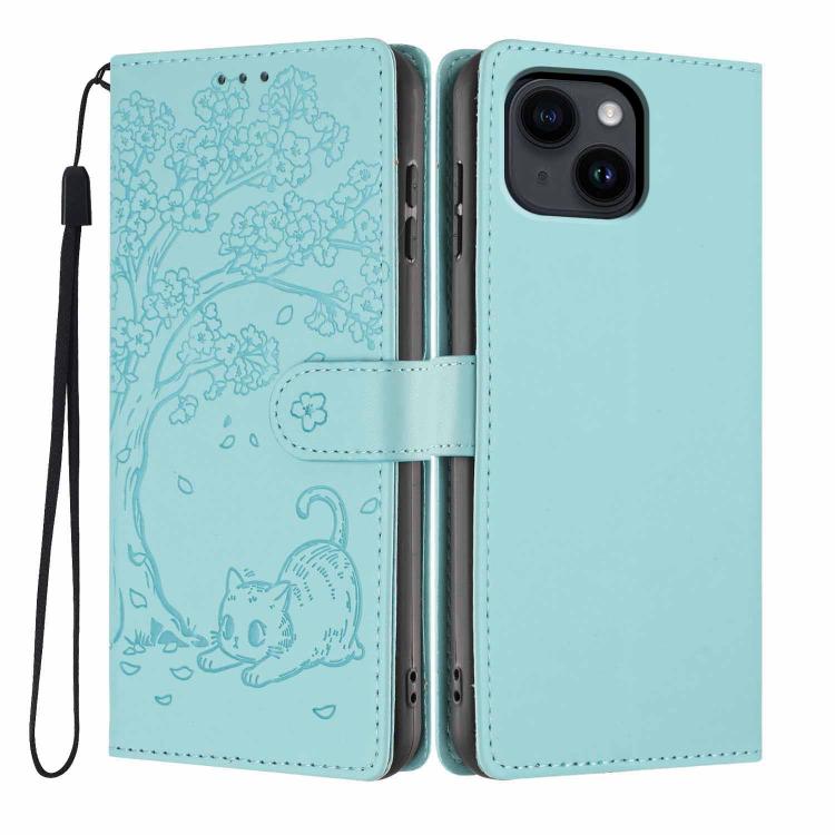 غطاء هاتف من الجلد النباتي بنقشة قطة الشجرة مع غطاء قابل للطي، لهواتف iPhone 16 Pro، iPhone 16 Plus، iPhone 16، iPhone 15 Pro Max، iPhone 15 Pro، iPhone 15 Plus