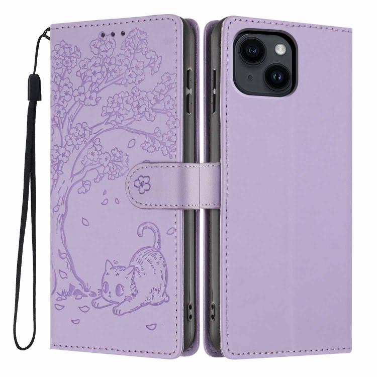 غطاء هاتف من الجلد النباتي بنقش قطة الشجرة وقلب قابل للطي، لهواتف iPhone 15، iPhone 14 Plus، iPhone 14، iPhone 14 Pro، iPhone 14 Pro Max، iPhone 13 Pro Max