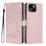 غطاء هاتف من الجلد النباتي بنقش قطة الشجرة وقلب قابل للطي، لهواتف iPhone 15، iPhone 14 Plus، iPhone 14، iPhone 14 Pro، iPhone 14 Pro Max، iPhone 13 Pro Max