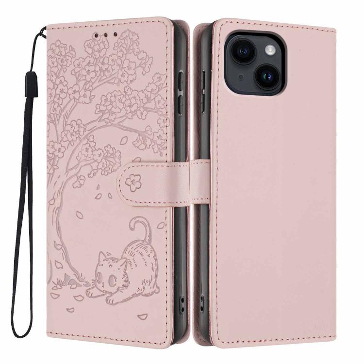 غطاء هاتف من الجلد النباتي بنقش قطة الشجرة وقلب قابل للطي، لهواتف iPhone 15، iPhone 14 Plus، iPhone 14، iPhone 14 Pro، iPhone 14 Pro Max، iPhone 13 Pro Max
