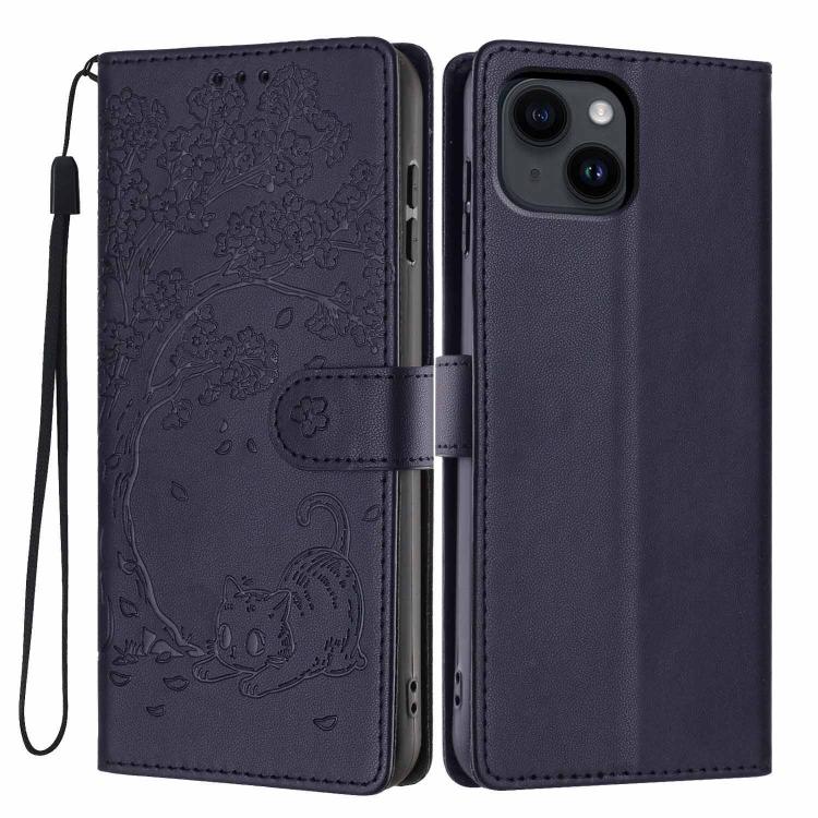 غطاء هاتف من الجلد النباتي بنقش قطة الشجرة وقلب قابل للطي، لهواتف iPhone 15، iPhone 14 Plus، iPhone 14، iPhone 14 Pro، iPhone 14 Pro Max، iPhone 13 Pro Max