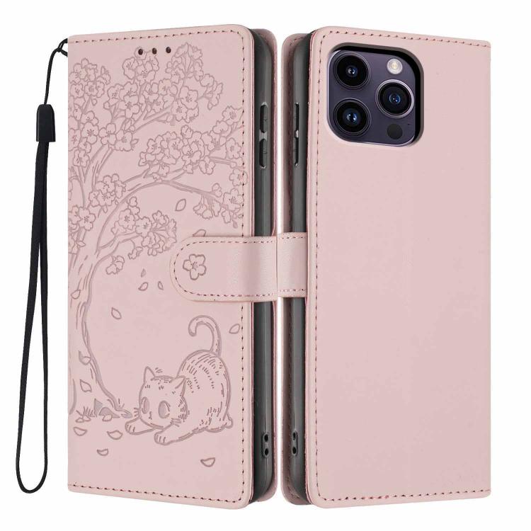 غطاء هاتف من الجلد النباتي بنقش قطة الشجرة وقلب قابل للطي، لهواتف iPhone 15، iPhone 14 Plus، iPhone 14، iPhone 14 Pro، iPhone 14 Pro Max، iPhone 13 Pro Max