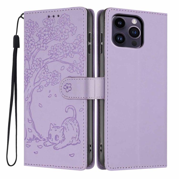 غطاء هاتف من الجلد النباتي بنقش قطة الشجرة وقلب قابل للطي، لهواتف iPhone 15، iPhone 14 Plus، iPhone 14، iPhone 14 Pro، iPhone 14 Pro Max، iPhone 13 Pro Max
