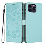 غطاء هاتف من الجلد النباتي بنقش قطة الشجرة وقلب قابل للطي، لهواتف iPhone 15، iPhone 14 Plus، iPhone 14، iPhone 14 Pro، iPhone 14 Pro Max، iPhone 13 Pro Max