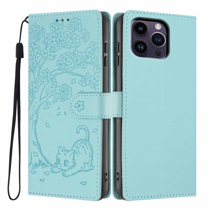 غطاء هاتف من الجلد النباتي بنقش قطة الشجرة وقلب قابل للطي، لهواتف iPhone 15، iPhone 14 Plus، iPhone 14، iPhone 14 Pro، iPhone 14 Pro Max، iPhone 13 Pro Max