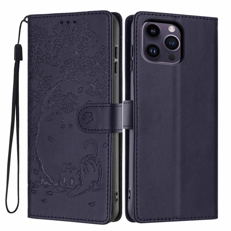 Tree Cat Embossed Flip Vegan Leather Phone Case, For iPhone 13 Pro, For iPhone 13, For iPhone 12 Pro Max, For iPhone 12 / 12 Pro, For iPhone 11 Pro Max, For iPhone 11