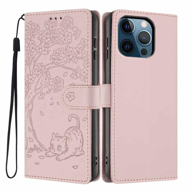 Tree Cat Embossed Flip Vegan Leather Phone Case, For iPhone 13 Pro, For iPhone 13, For iPhone 12 Pro Max, For iPhone 12 / 12 Pro, For iPhone 11 Pro Max, For iPhone 11