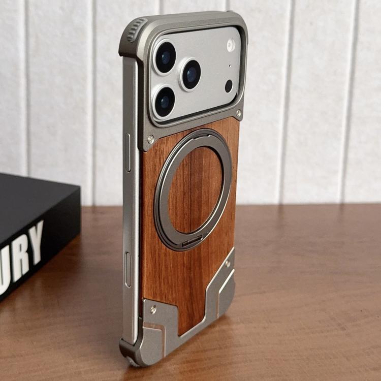 حامل هاتف دوّار 360 درجة بدون إطار معدني من خشب الجوز بلون Armor مع مغناطيس، لهاتف iPhone 17 Pro Max، iPhone 17 Pro