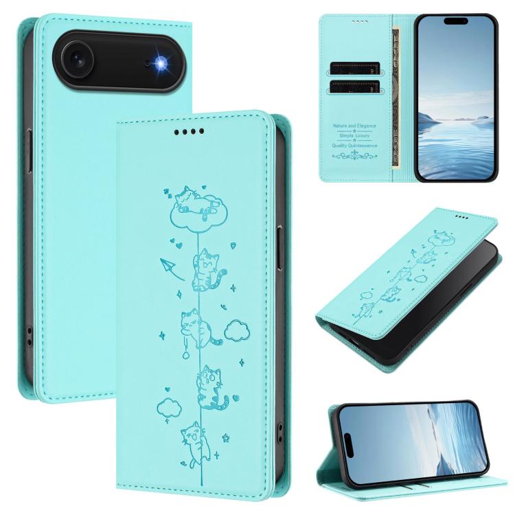 حافظة هاتف من الجلد النباتي المغناطيسي بنقش قطط لطيفة مع RFID، لهواتف iPhone Air، iPhone 16 Pro Max، iPhone 16 Pro، iPhone 16 Plus