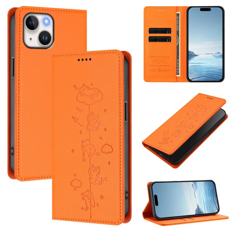 Cute Cats Embossed Magnetic RFID Vegan Leather Phone Case, For iPhone 15, For iPhone 14 Plus, For iPhone 14 / 13, For iPhone 14 Pro