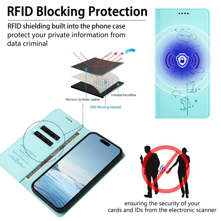 غطاء هاتف من الجلد النباتي مع نقوش قطط لطيفة وحماية RFID مغناطيسية، لهاتف iPhone 17e / 16e، iPhone 17 Pro Max، iPhone 17 Pro، iPhone 17