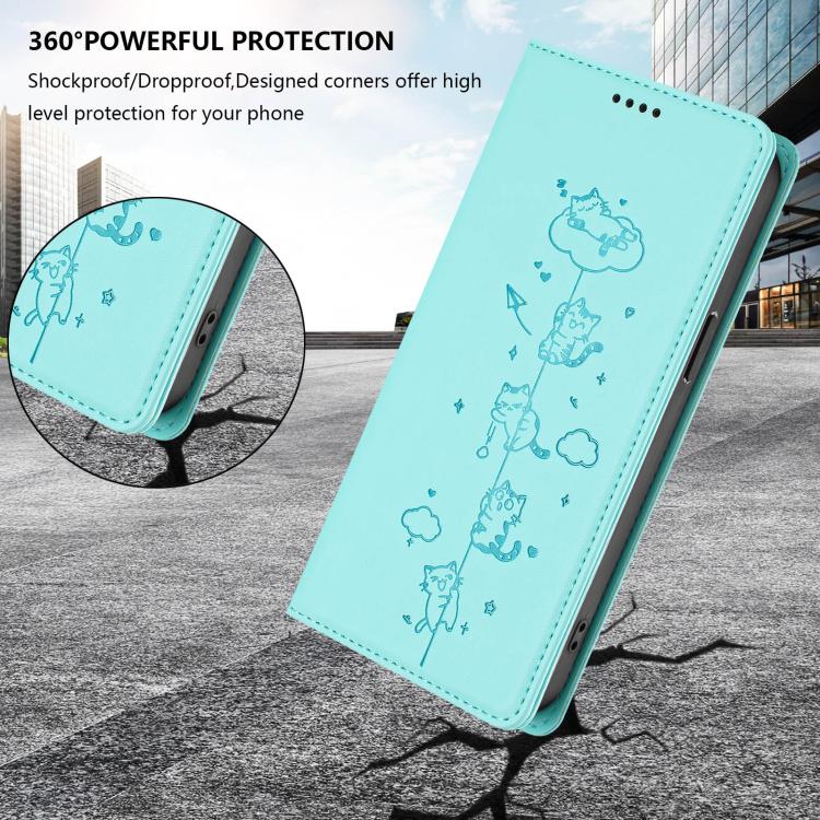 غطاء هاتف من الجلد النباتي مع نقوش قطط لطيفة وحماية RFID مغناطيسية، لهاتف iPhone 17e / 16e، iPhone 17 Pro Max، iPhone 17 Pro، iPhone 17