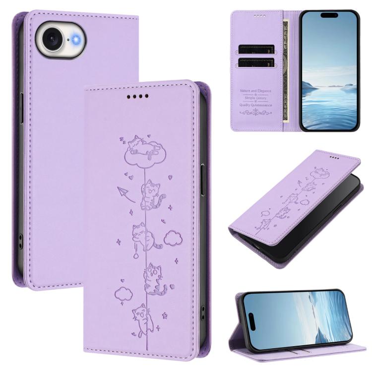 غطاء هاتف من الجلد النباتي مع نقوش قطط لطيفة وحماية RFID مغناطيسية، لهاتف iPhone 17e / 16e، iPhone 17 Pro Max، iPhone 17 Pro، iPhone 17