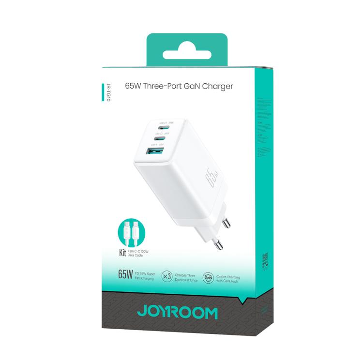 شاحن JOYROOM JR-TG10 بقوة 65W GaN مع منفذي Type-C ومنفذ USB 3، مع كابل Type-C إلى Type-C، قابس الاتحاد الأوروبي، قابس المملكة المتحدة