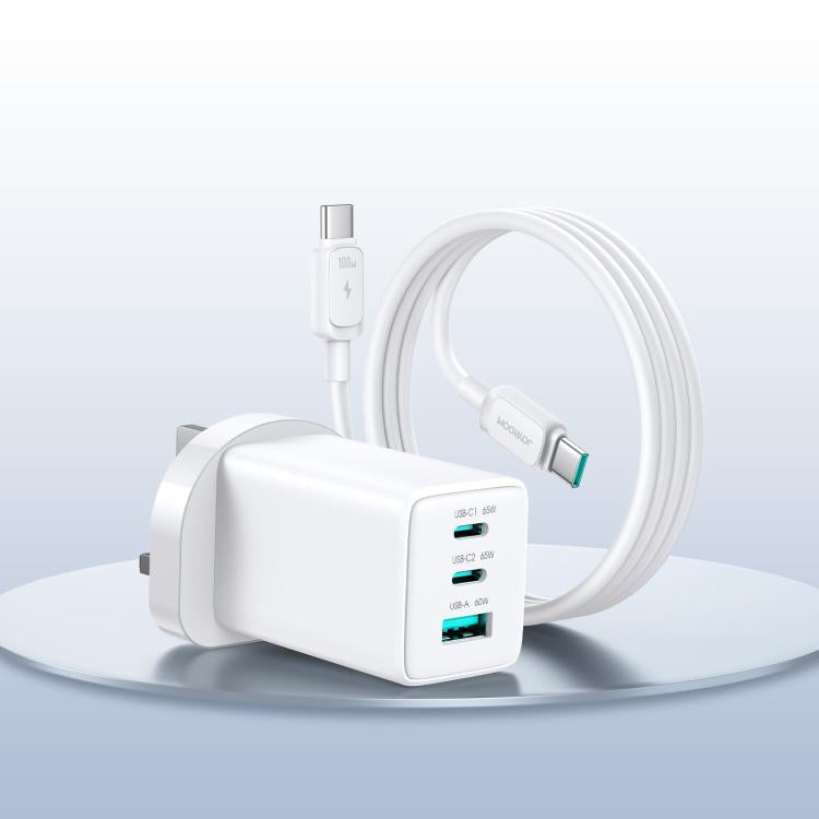 شاحن JOYROOM JR-TG10 بقوة 65W GaN مع منفذي Type-C ومنفذ USB 3، مع كابل Type-C إلى Type-C، قابس الاتحاد الأوروبي، قابس المملكة المتحدة