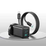 شاحن JOYROOM JR-TG10 بقوة 65W GaN مع منفذي Type-C ومنفذ USB 3، مع كابل Type-C إلى Type-C، قابس الاتحاد الأوروبي، قابس المملكة المتحدة