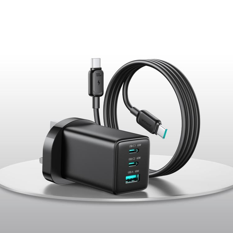 شاحن JOYROOM JR-TG10 بقوة 65W GaN مع منفذي Type-C ومنفذ USB 3، مع كابل Type-C إلى Type-C، قابس الاتحاد الأوروبي، قابس المملكة المتحدة