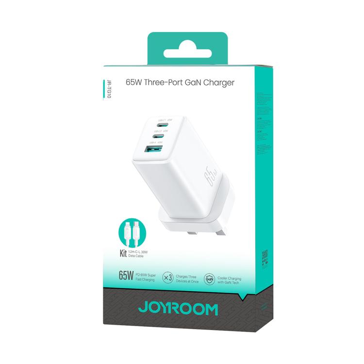 شاحن JOYROOM JR-TG10 بقوة 65 واط GaN مع منفذي Type-C ومنفذ USB 3، مع كابل Type-C إلى 8 بن، قابس المملكة المتحدة