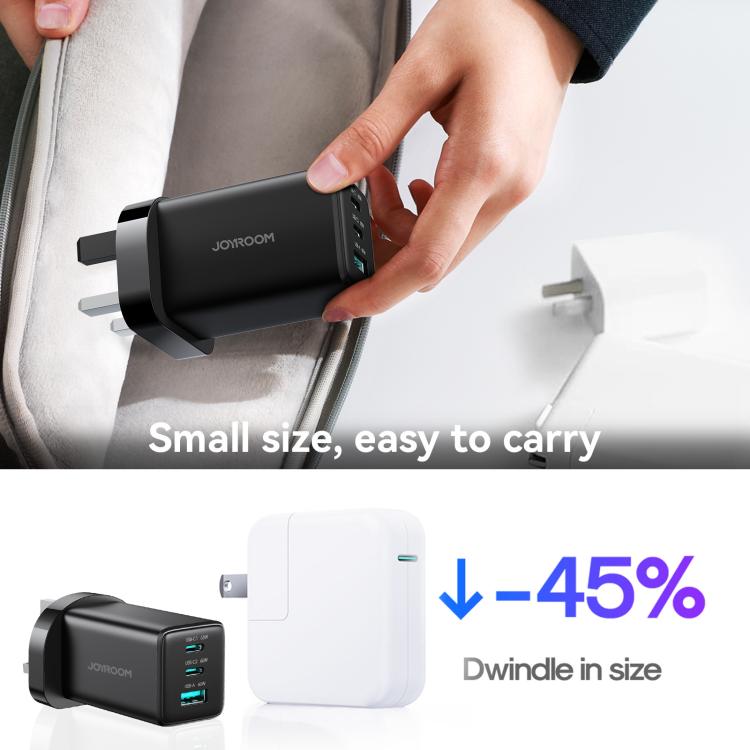 شاحن JOYROOM JR-TG10 بقوة 65 واط GaN مع منفذي Type-C ومنفذ USB 3، مع كابل Type-C إلى 8 بن، قابس المملكة المتحدة