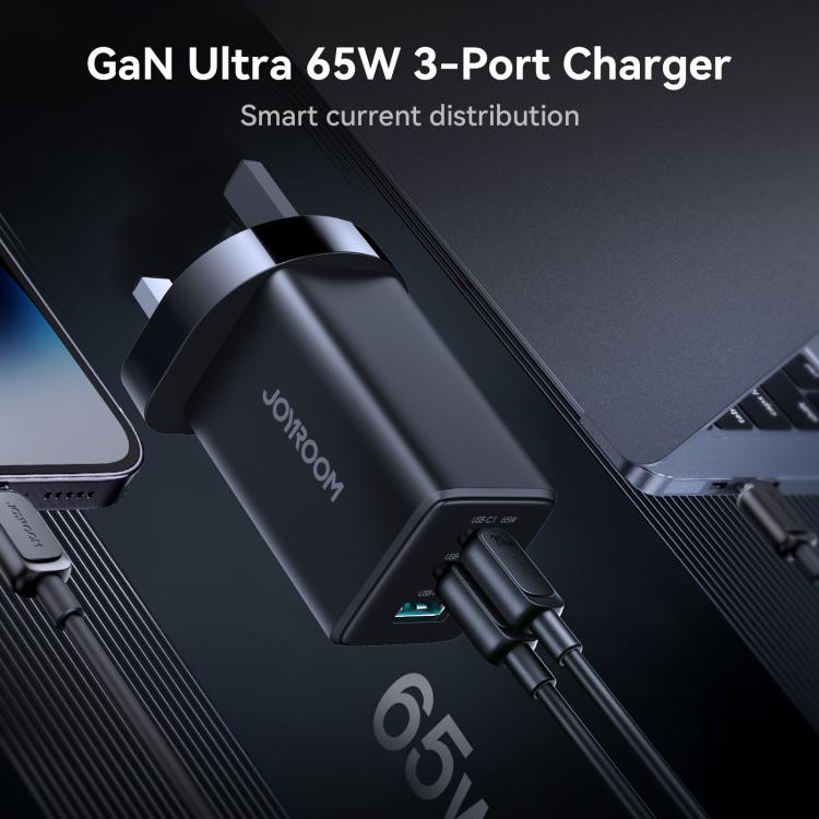 شاحن JOYROOM JR-TG10 بقوة 65 واط GaN مع منفذي Type-C ومنفذ USB 3، مع كابل Type-C إلى 8 بن، قابس المملكة المتحدة
