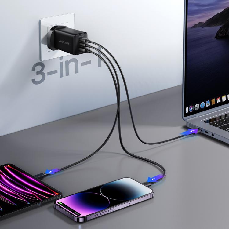 شاحن JOYROOM JR-TG10 بقوة 65 واط GaN مع منفذي Type-C ومنفذ USB 3، مع كابل Type-C إلى 8 بن، قابس المملكة المتحدة