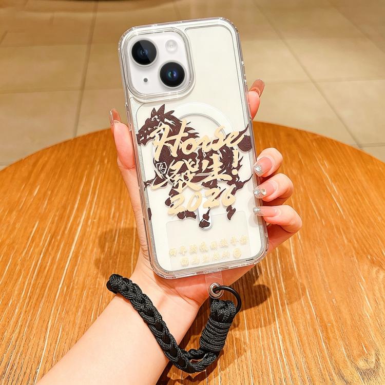 غطاء هاتف كامل من الأكريليك المغناطيسي بطبعة سنة الحصان مع حبل معلق، لهواتف iPhone 13، iPhone 12، iPhone 12 Pro Max، iPhone 12 Pro