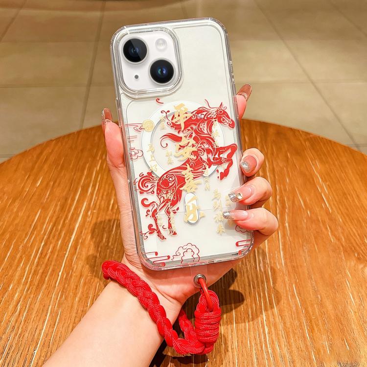 غطاء هاتف كامل من الأكريليك المغناطيسي بطبعة سنة الحصان مع حبل معلق، لهواتف iPhone 13، iPhone 12، iPhone 12 Pro Max، iPhone 12 Pro