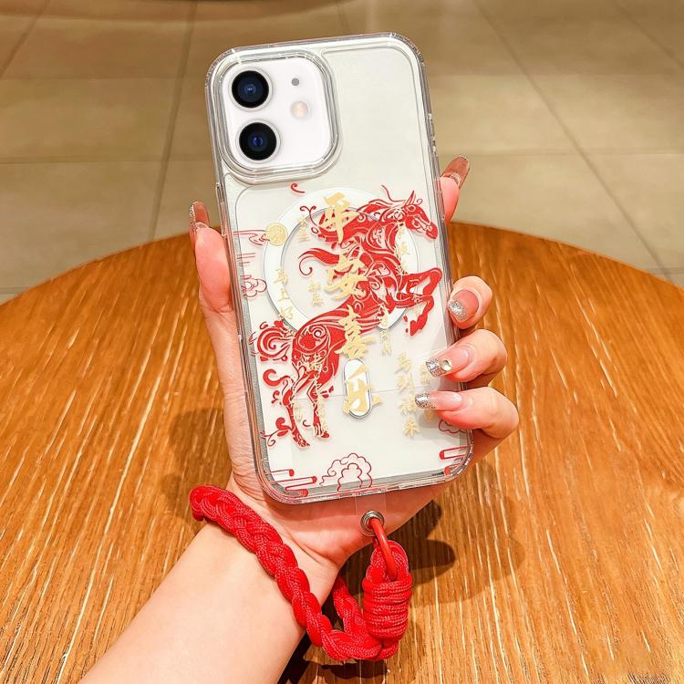 غطاء هاتف كامل من الأكريليك المغناطيسي بطبعة سنة الحصان مع حبل معلق، لهواتف iPhone 13، iPhone 12، iPhone 12 Pro Max، iPhone 12 Pro