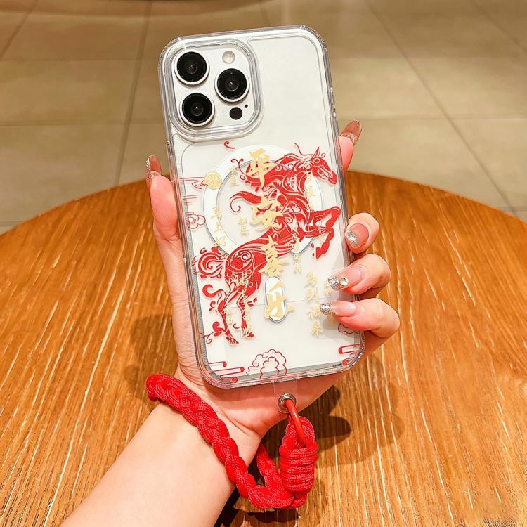 غطاء هاتف كامل من الأكريليك المغناطيسي بطبعة سنة الحصان مع حبل معلق، لهواتف iPhone 13، iPhone 12، iPhone 12 Pro Max، iPhone 12 Pro