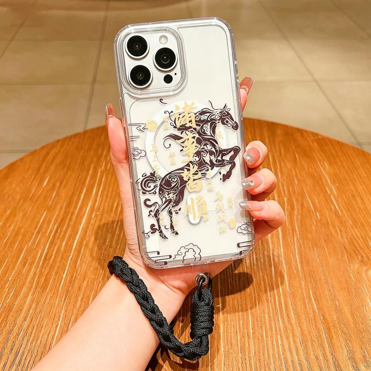 غطاء هاتف كامل من الأكريليك المغناطيسي بطبعة سنة الحصان مع حبل معلق، لهواتف iPhone 13، iPhone 12، iPhone 12 Pro Max، iPhone 12 Pro