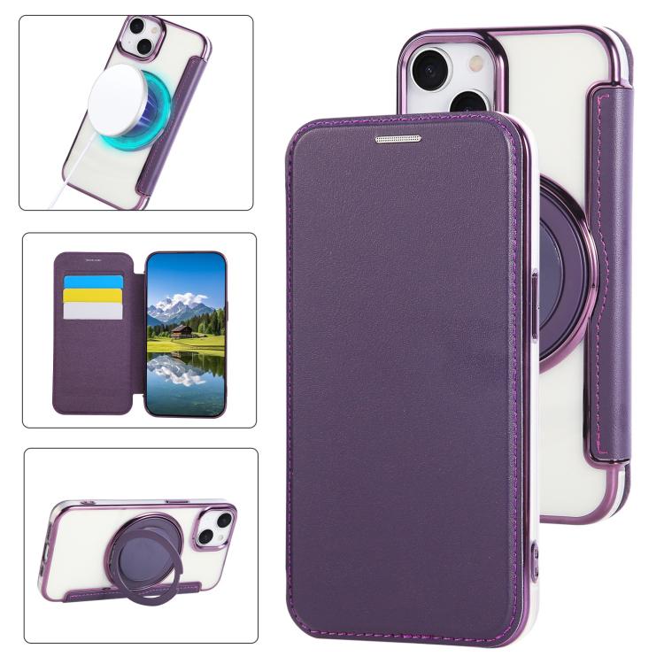 غطاء هاتف من الجلد النباتي مطلي مغناطيسي رفيع جداً مع حامل دوار، لهواتف iPhone 15، iPhone 14 / 13، iPhone 14 Pro، iPhone 14 Pro Max، iPhone 13 Pro Max، iPhone 13 Pro