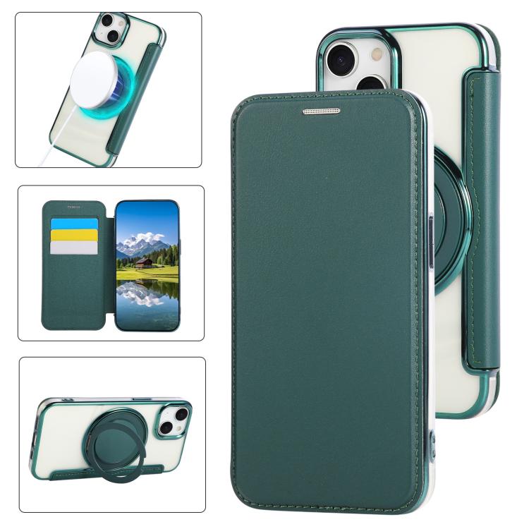 غطاء هاتف من الجلد النباتي مطلي مغناطيسي رفيع جداً مع حامل دوار، لهواتف iPhone 15، iPhone 14 / 13، iPhone 14 Pro، iPhone 14 Pro Max، iPhone 13 Pro Max، iPhone 13 Pro