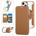 غطاء هاتف من الجلد النباتي مطلي مغناطيسي رفيع جداً مع حامل دوار، لهواتف iPhone 15، iPhone 14 / 13، iPhone 14 Pro، iPhone 14 Pro Max، iPhone 13 Pro Max، iPhone 13 Pro