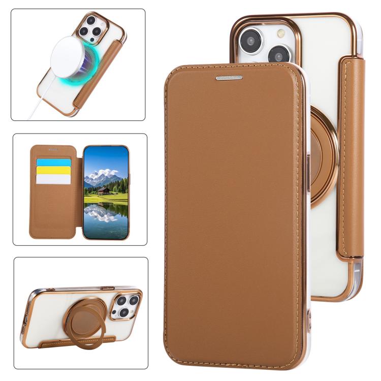 غطاء هاتف من الجلد النباتي مطلي مغناطيسي رفيع جداً مع حامل دوار، لهواتف iPhone 15، iPhone 14 / 13، iPhone 14 Pro، iPhone 14 Pro Max، iPhone 13 Pro Max، iPhone 13 Pro