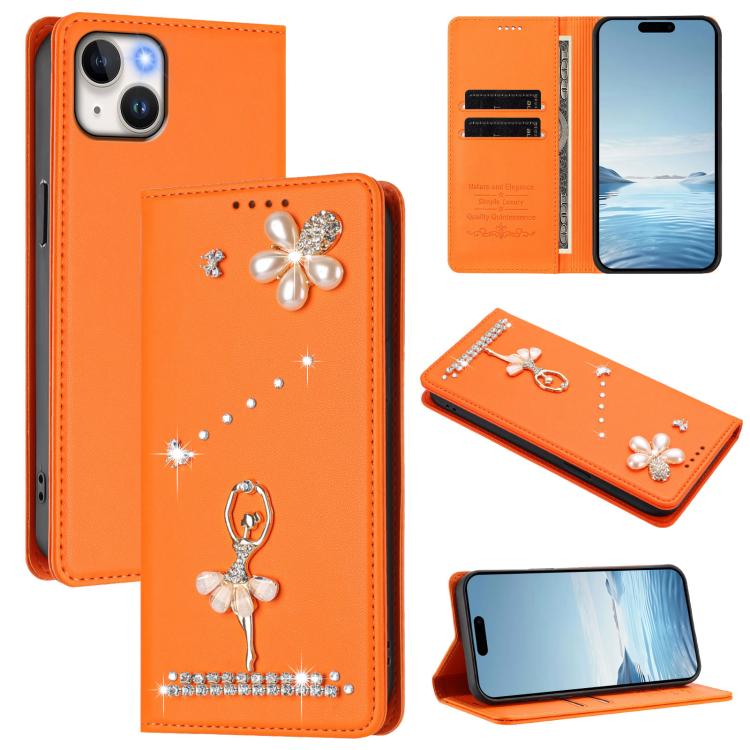 غطاء هاتف من الجلد النباتي مزين بألماس على شكل فتاة باليه ويدعم RFID، لهواتف iPhone 16 Pro، iPhone 16 Plus، iPhone 16، iPhone 15 Pro Max، iPhone 15 Pro، iPhone 15 Plus