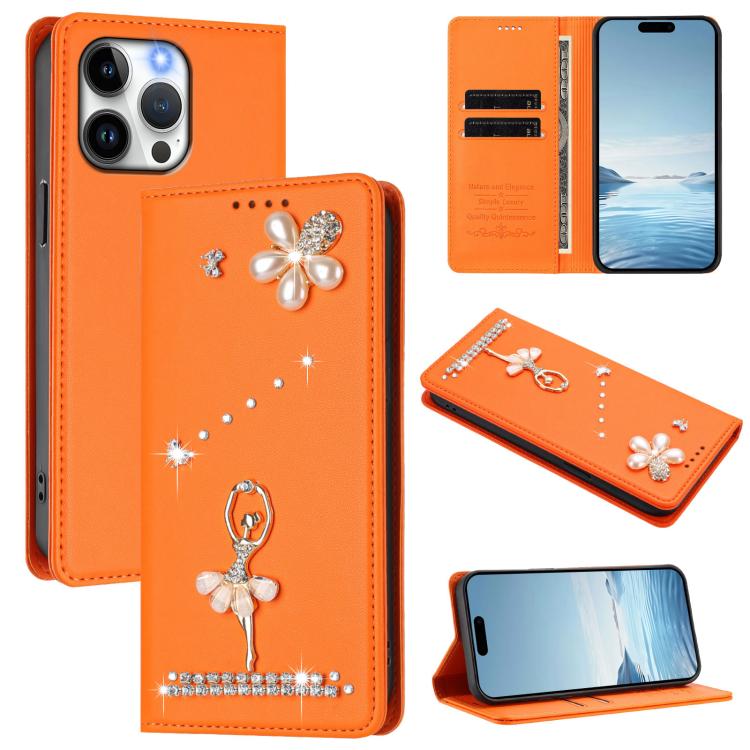 غطاء هاتف من الجلد النباتي مزين بألماس على شكل فتاة باليه ويدعم RFID، لهواتف iPhone 16 Pro، iPhone 16 Plus، iPhone 16، iPhone 15 Pro Max، iPhone 15 Pro، iPhone 15 Plus