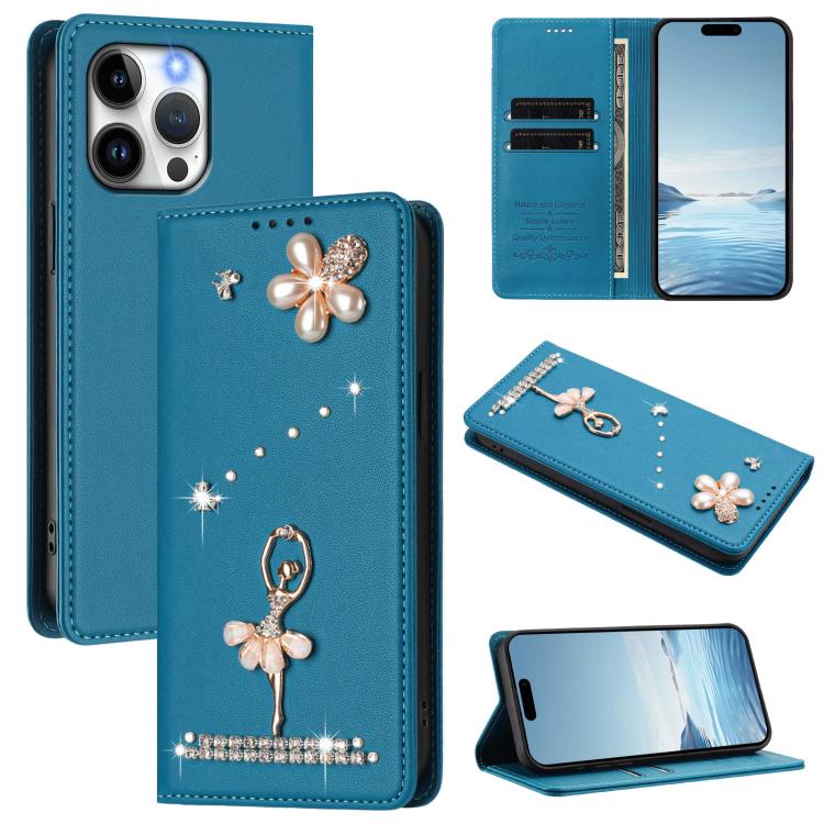 غطاء هاتف من الجلد النباتي مزين بألماس على شكل فتاة باليه ويدعم RFID، لهواتف iPhone 16 Pro، iPhone 16 Plus، iPhone 16، iPhone 15 Pro Max، iPhone 15 Pro، iPhone 15 Plus