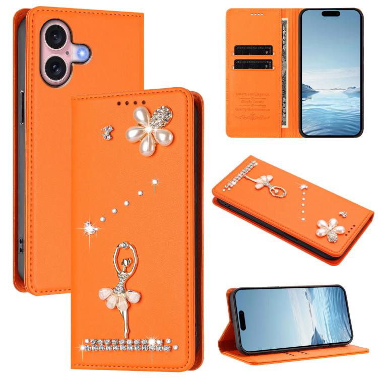 غطاء هاتف من الجلد النباتي مزين بألماس على شكل فتاة باليه ويدعم RFID، لهواتف iPhone 16 Pro، iPhone 16 Plus، iPhone 16، iPhone 15 Pro Max، iPhone 15 Pro، iPhone 15 Plus