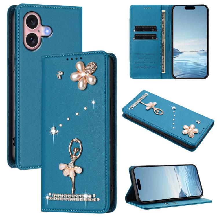 غطاء هاتف من الجلد النباتي مزين بألماس على شكل فتاة باليه ويدعم RFID، لهواتف iPhone 16 Pro، iPhone 16 Plus، iPhone 16، iPhone 15 Pro Max، iPhone 15 Pro، iPhone 15 Plus