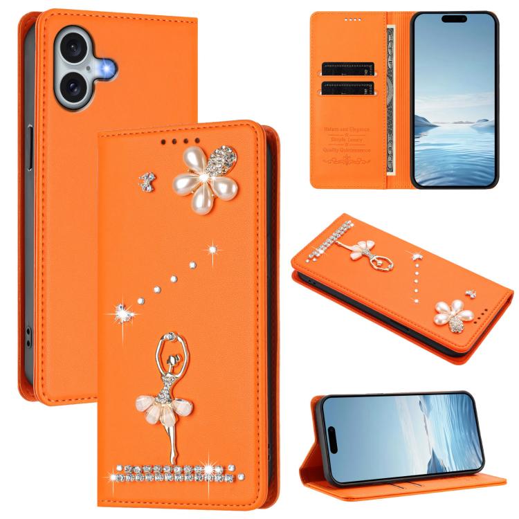 غطاء هاتف من الجلد النباتي مزين بألماس على شكل فتاة باليه ويدعم RFID، لهواتف iPhone 16 Pro، iPhone 16 Plus، iPhone 16، iPhone 15 Pro Max، iPhone 15 Pro، iPhone 15 Plus