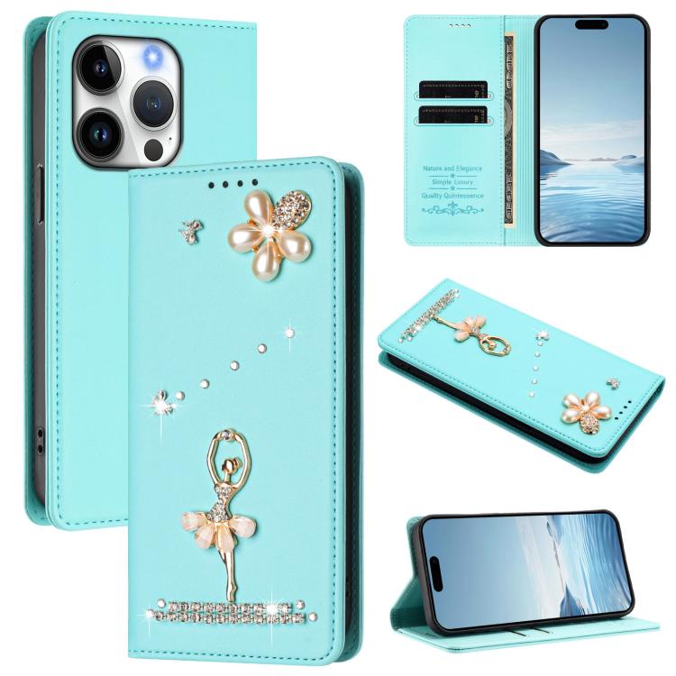 غطاء هاتف من الجلد النباتي مزين بألماس على شكل فتاة باليه ويدعم RFID، لهواتف iPhone 16 Pro، iPhone 16 Plus، iPhone 16، iPhone 15 Pro Max، iPhone 15 Pro، iPhone 15 Plus