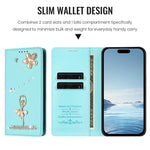 غطاء هاتف من الجلد النباتي مزين بألماس على شكل فتاة باليه ويدعم RFID، لهواتف iPhone 16 Pro، iPhone 16 Plus، iPhone 16، iPhone 15 Pro Max، iPhone 15 Pro، iPhone 15 Plus